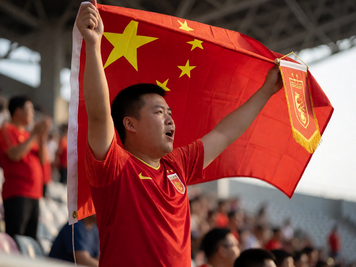 足球球迷在看台上挥舞国旗和旗帜，为国家队加油助威，气氛热烈